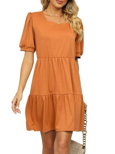 crazy bean Sommerkleid Damen mit Puffärmeln Minikleid Puffärmel Viereckiger Ausschnitt Schicke Sommerkleider Kurz Cocktailkleider Elegant Leicht und Luftig Orange von crazy bean