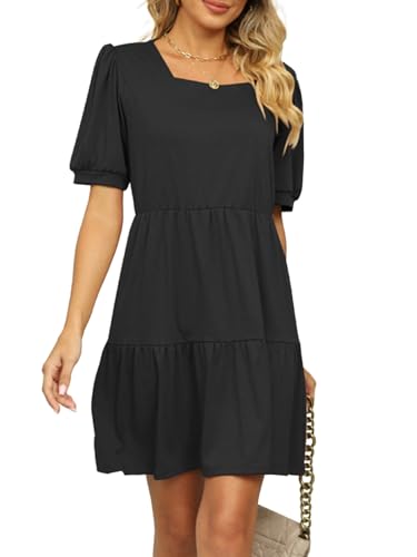 crazy bean Sommerkleid Damen mit Puffärmeln Minikleid Puffärmel Viereckiger Ausschnitt Schicke Sommerkleider Kurz Cocktailkleider Elegant Leicht und Luftig Schwarz von crazy bean