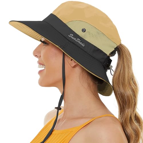 crazy bean Sonnenhut Damen Faltbar Boonie Hat Mesh Wanderhut mit Breite Krempe Safari Hut mit Pferdeschwanzloch Outdoor Fischerhut Buschhut Khaki von crazy bean