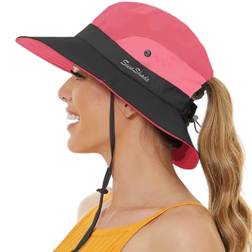 crazy bean Sonnenhut Damen Faltbar Boonie Hat Mesh Wanderhut mit Breite Krempe Safari Hut mit Pferdeschwanzloch Outdoor Fischerhut Buschhut Rot von crazy bean