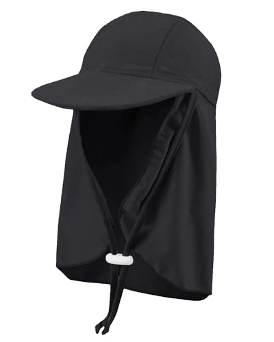 crazy bean Sonnenhut Kinder mit Nackenklappe Unisex für Schwimmbäder Strand Sonnenmütze für Mädchen Junge mit Verstellbarer Kinnriemen UV Schutz Schwarz von crazy bean