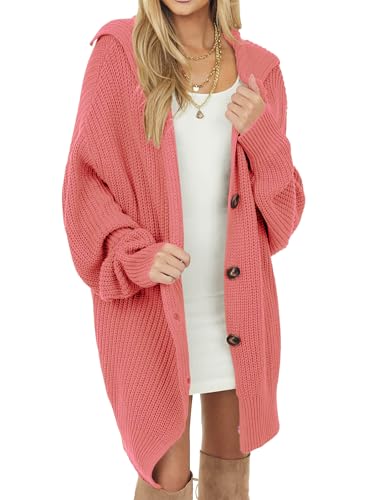 crazy bean Strickjacke Damen Lang Grobstrick Cardiga Damen Cardigan Strickmantel mit Knöpfen Herbst Winter Casual Strickcardigan mit Taschen(Rosa,M) von crazy bean
