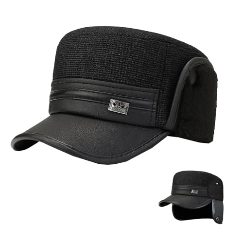 crazy bean Winter Cap Herren mit Ohrenklappen Warme Fliegermütze mit Schirm Basecap Schiebermütze Herren Schwarz Kunstfellmütze Leder Schwarz A von crazy bean