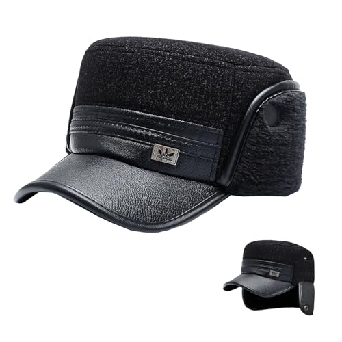 crazy bean Winter Cap Herren mit Ohrenklappen Warme Fliegermütze mit Schirm Basecap Schiebermütze Herren Schwarz Kunstfellmütze Leder Schwarz B von crazy bean