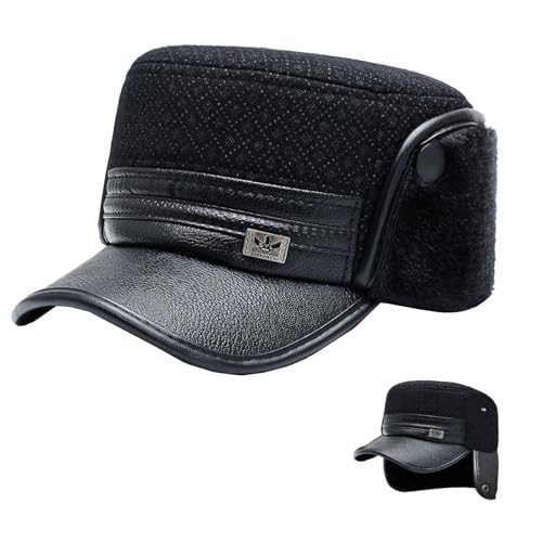 crazy bean Winter Cap Herren mit Ohrenklappen Warme Fliegermütze mit Schirm Basecap Schiebermütze Herren Schwarz Kunstfellmütze Leder Schwarz C von crazy bean