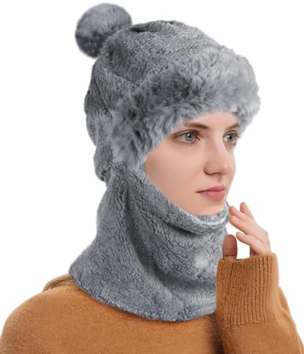 crazy bean Winter Mütze Schal Set Damen Warme Winddichte Balaclava Fleecefutter 2 in 1 Wintermütze mit Bommel Outdoor Radfahren Skifahren(Grau) von crazy bean