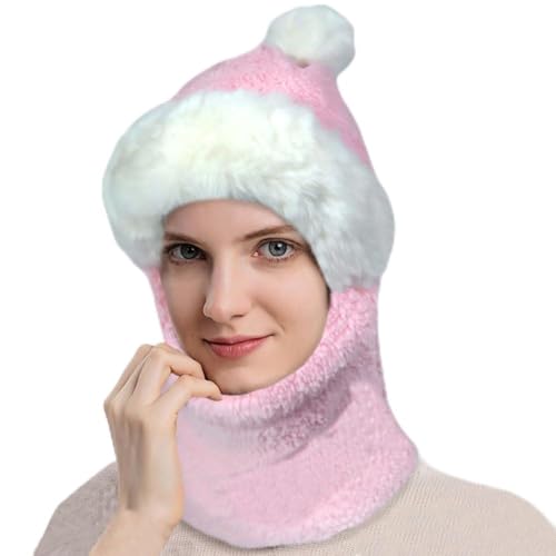 crazy bean Winter Mütze Schal Set Damen Warme Winddichte Balaclava Fleecefutter 2 in 1 Wintermütze mit Bommel Outdoor Radfahren Skifahren(Rosa) von crazy bean