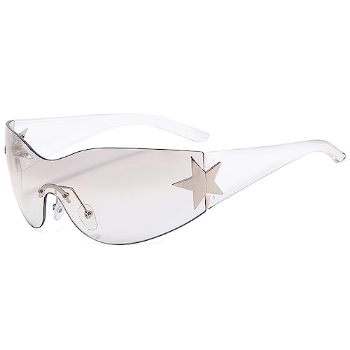 crazy bean Y2k Sonnenbrille für Damen Herren Randlose Wrap Around Sonnenbrille mit UV Schutz 400 Groß Sportbrille mit Futuristisch(Weiß) von crazy bean