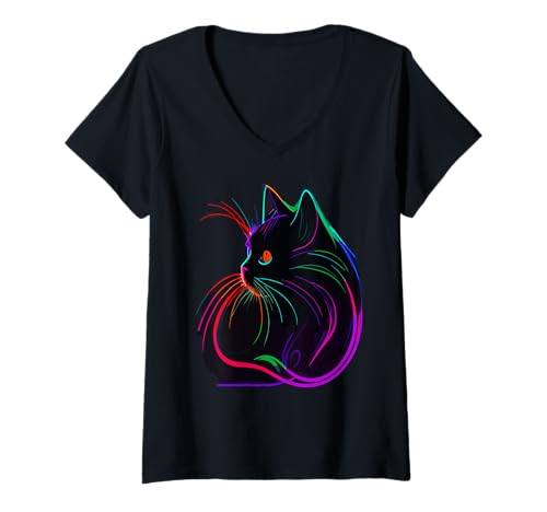 Damen Schwarze Katze, realistische Aquarellfarbe, niedliche Katze, Farbe, bunte Katze T-Shirt mit V-Ausschnitt Damen Schwarze Katze, realistische Aquarellfarbe, niedliche Katze, Farbe, bunte Katze T-Shirt mit V-Ausschnitt von crazycat Kitten Meow Lovers Cat Silhouette Apparel
