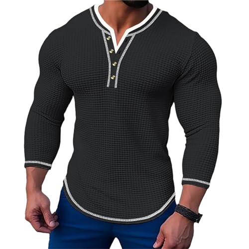 Herren Waffel Langarm Henley Shirt Casual Stylish Basic Button Tops Bluse T-Shirt, Schwarz , S von crazynekos