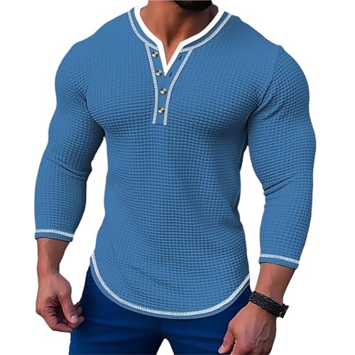 Herren Waffel Langarm Henley Shirt Casual Stylish Basic Button Tops Bluse T-Shirt, blau, XXL von crazynekos