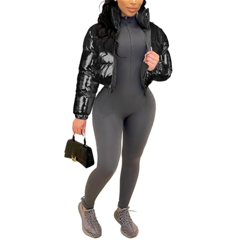 crazynekos Damen Metallic Glänzend Cropped Steppjacke Puffer Jacke - Reißverschluss Gepolsterter Daunenmantel, Schwarz , 46 von crazynekos