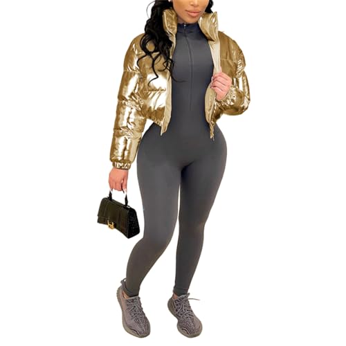 crazynekos Damen Metallic Glänzend Cropped Steppjacke Puffer Jacke - Reißverschluss Gepolsterter Daunenmantel, gold, 36 von crazynekos