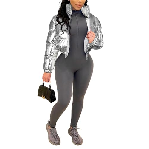 crazynekos Damen Metallic Glänzend Cropped Steppjacke Puffer Jacke - Reißverschluss Gepolsterter Daunenmantel, silber, 36 von crazynekos