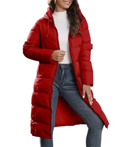 crazynekos Damen Wintermäntel Warm Full Zip Puffer Jacke Kapuze Länge Steppmantel Winddicht Outdoor Gepolsterte Jacke Daunenbekleidung, rot, 46 von crazynekos