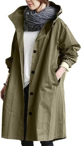 crazynekos Frauen Trenchcoats Mit Kapuze Knopf Mantel Outdoor Lange Windbreaker Jacke, armee-grün, 54 von crazynekos