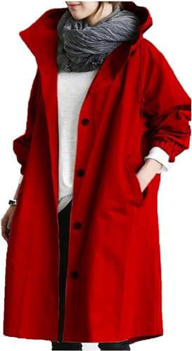 crazynekos Frauen Trenchcoats Mit Kapuze Knopf Mantel Outdoor Lange Windbreaker Jacke, rot, 52 von crazynekos