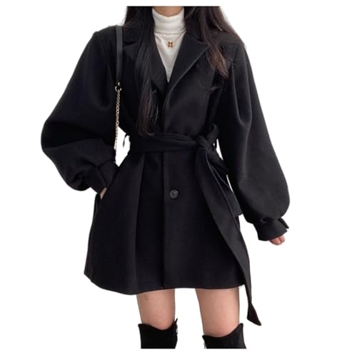 crazynekos Lässiger Damen-Trenchcoat mit langen Ärmeln, Revers, schmale Passform, für Arbeit, Outdoor, Jacke mit Gürtel, Schwarz , 38 von crazynekos