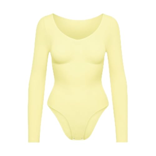 creamy fabrics Damen Figurformender Shapewear Bodysuit mit Slip – Longsleeve Body für unsichtbaren Sitz – Starke Kompression für Bauch & Taille – Nahtlos mit Po-Lifting Effekt – Baby Yellow S von creamy fabrics