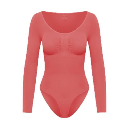 creamy fabrics Damen Figurformender Shapewear Bodysuit mit Slip – Longsleeve Body für unsichtbaren Sitz – Starke Kompression für Bauch & Taille – Nahtlos mit Po-Lifting Effekt – Coral L von creamy fabrics
