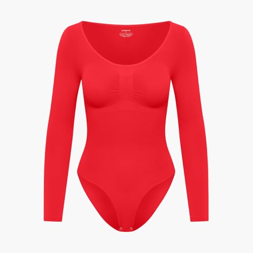 creamy fabrics Damen Figurformender Shapewear Bodysuit mit Slip – Longsleeve Body für unsichtbaren Sitz – Starke Kompression für Bauch & Taille – Nahtlos mit Po-Lifting Effekt – Fire Red XS von creamy fabrics