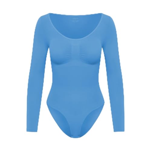creamy fabrics Damen Figurformender Shapewear Bodysuit mit Slip – Longsleeve Body für unsichtbaren Sitz – Starke Kompression für Bauch & Taille – Nahtlos mit Po-Lifting Effekt – Silver Lake Blue L von creamy fabrics