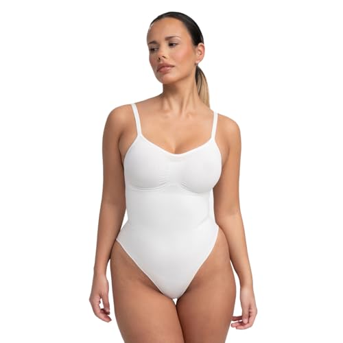 creamy fabrics Damen Figurformender Shapewear Bodysuit mit Slip-Rückenteil – Starke Kompression für Bauch & Taille – Nahtloser Body mit Po-Lifting & Verstellbaren Trägern – Weiß 4XL von creamy fabrics