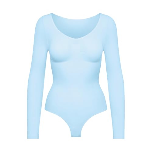 creamy fabrics Damen Figurformender Shapewear Bodysuit mit String – Longsleeve Body für unsichtbaren Sitz – Starke Kompression Bauch & Taille – Nahtlos mit Po-Lifting Effekt – Baby Blue 2XL von creamy fabrics