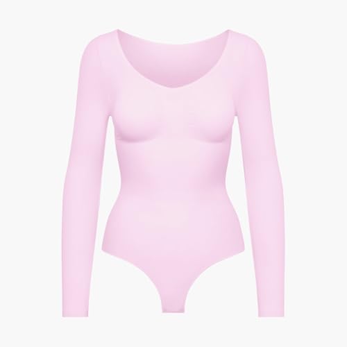 creamy fabrics Damen Figurformender Shapewear Bodysuit mit String – Longsleeve Body für unsichtbaren Sitz – Starke Kompression Bauch & Taille – Nahtlos mit Po-Lifting Effekt – Baby Pink XL von creamy fabrics