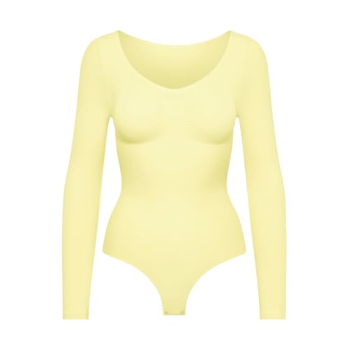 creamy fabrics Damen Figurformender Shapewear Bodysuit mit String – Longsleeve Body für unsichtbaren Sitz – Starke Kompression Bauch & Taille – Nahtlos mit Po-Lifting Effekt – Baby Yellow 2XL von creamy fabrics