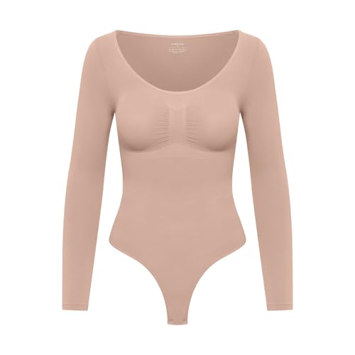 creamy fabrics Damen Figurformender Shapewear Bodysuit mit String – Longsleeve Body für unsichtbaren Sitz – Starke Kompression Bauch & Taille – Nahtlos mit Po-Lifting Effekt – Beige L von creamy fabrics