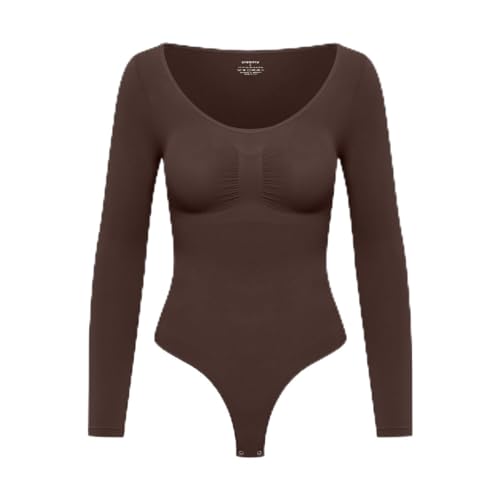 creamy fabrics Damen Figurformender Shapewear Bodysuit mit String – Longsleeve Body für unsichtbaren Sitz – Starke Kompression Bauch & Taille – Nahtlos mit Po-Lifting Effekt – Braun XL von creamy fabrics