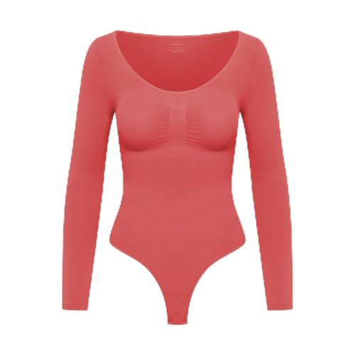creamy fabrics Damen Figurformender Shapewear Bodysuit mit String – Longsleeve Body für unsichtbaren Sitz – Starke Kompression Bauch & Taille – Nahtlos mit Po-Lifting Effekt – Coral M von creamy fabrics