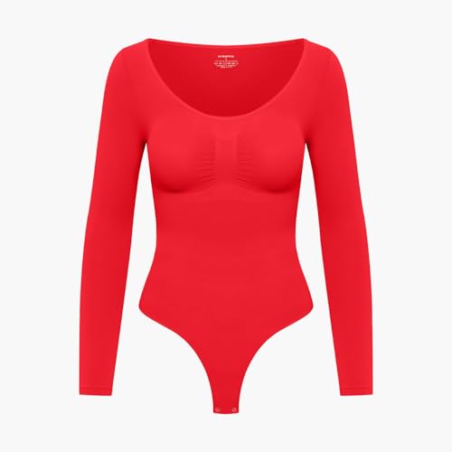 creamy fabrics Damen Figurformender Shapewear Bodysuit mit String – Longsleeve Body für unsichtbaren Sitz – Starke Kompression Bauch & Taille – Nahtlos mit Po-Lifting Effekt – Fire Red L von creamy fabrics