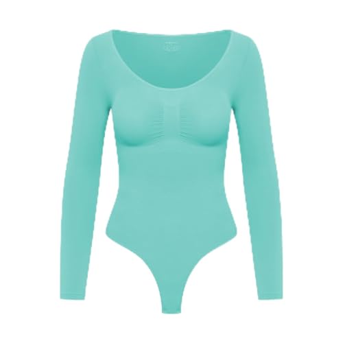 creamy fabrics Damen Figurformender Shapewear Bodysuit mit String – Longsleeve Body für unsichtbaren Sitz – Starke Kompression Bauch & Taille – Nahtlos mit Po-Lifting Effekt – Mint M von creamy fabrics