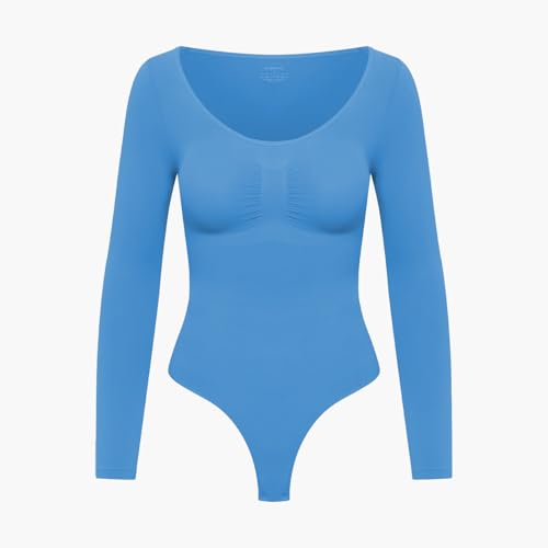 creamy fabrics Damen Figurformender Shapewear Bodysuit mit String – Longsleeve Body für unsichtbaren Sitz – Starke Kompression Bauch & Taille – Nahtlos mit Po-Lifting Effekt – Silver Lake Blue L von creamy fabrics