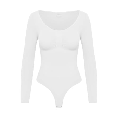 creamy fabrics Damen Figurformender Shapewear Bodysuit mit String – Longsleeve Body für unsichtbaren Sitz – Starke Kompression Bauch & Taille – Nahtlos mit Po-Lifting Effekt – Weiß S von creamy fabrics