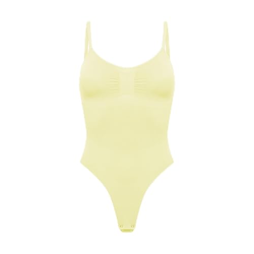 creamy fabrics Damen Figurformender Shapewear Bodysuit mit String-Rückenteil – Nahtloser Body für unsichtbaren Sitz – Starke Kompression Bauch & Taille – Verstellbare Träger – Baby Yellow 2XL von creamy fabrics