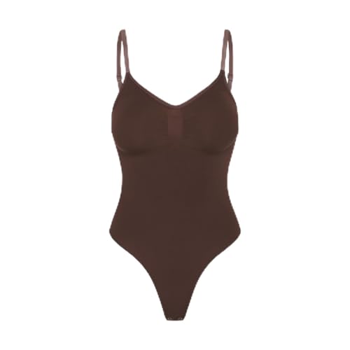 creamy fabrics Damen Figurformender Shapewear Bodysuit mit String-Rückenteil – Nahtloser Body für unsichtbaren Sitz – Starke Kompression Bauch & Taille – Verstellbare Träger – Braun S von creamy fabrics