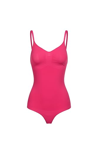 creamy fabrics Damen Figurformender Shapewear Bodysuit mit String-Rückenteil – Nahtloser Body für unsichtbaren Sitz – Starke Kompression Bauch & Taille – Verstellbare Träger – Neon Pink 3XL von creamy fabrics