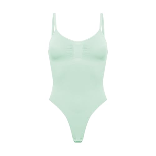 creamy fabrics Damen Figurformender Shapewear Bodysuit mit String-Rückenteil – Nahtloser Body für unsichtbaren Sitz – Starke Kompression Bauch & Taille – Verstellbare Träger – Sage Green M von creamy fabrics