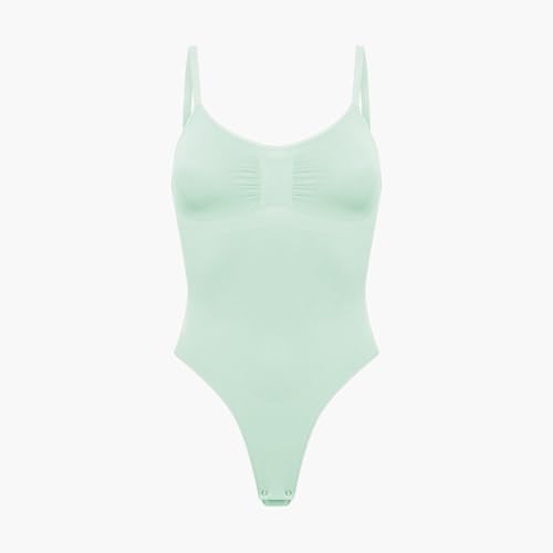 creamy fabrics Damen Figurformender Shapewear Bodysuit mit String-Rückenteil – Nahtloser Body für unsichtbaren Sitz – Starke Kompression Bauch & Taille – Verstellbare Träger – Sage Green S von creamy fabrics
