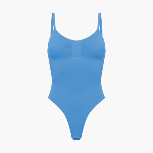 creamy fabrics Damen Figurformender Shapewear Bodysuit mit String-Rückenteil – Nahtloser Body für unsichtbaren Sitz – Starke Kompression Bauch & Taille – Verstellbare Träger – Silver Lake Blue M von creamy fabrics
