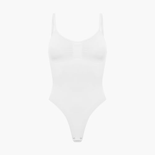 creamy fabrics Damen Figurformender Shapewear Bodysuit mit String-Rückenteil – Nahtloser Body für unsichtbaren Sitz – Starke Kompression Bauch & Taille – Verstellbare Träger – Weiß S von creamy fabrics