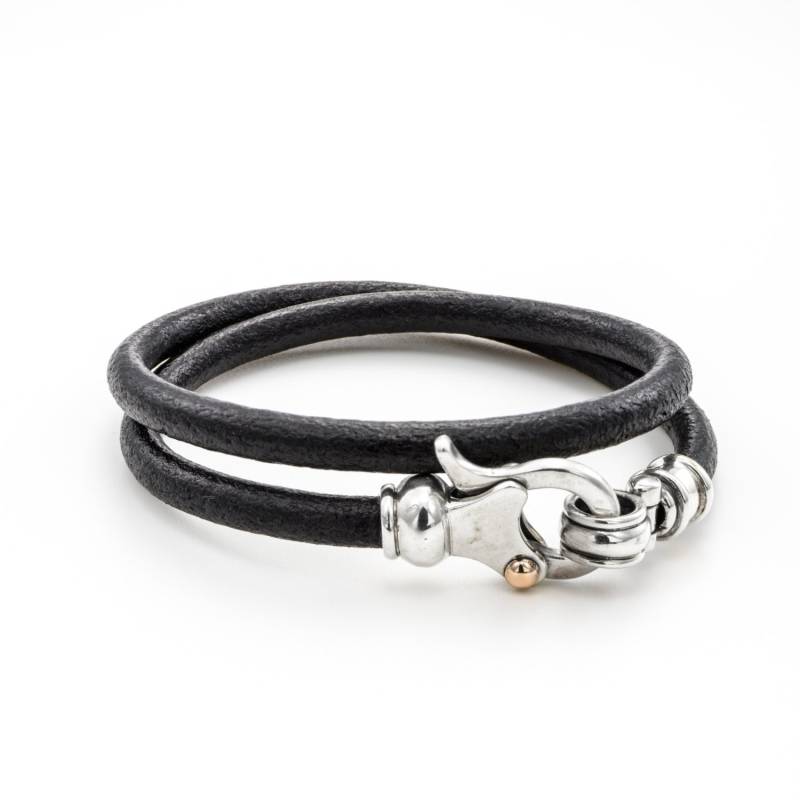Schwarzes Leder Armband, Silber Und Gold Verschluss, Mann Armreif, Statement 9K Doppel Bügel Hakenverschluss, Armband von cremerdani