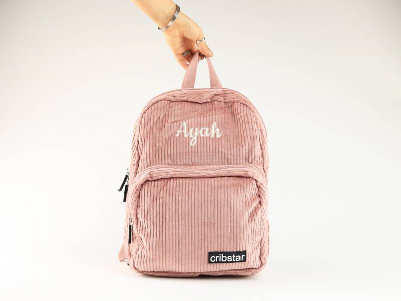 Personalisierte Retro Style Rose Pink Cord Kinder Rucksack von cribstarofficial