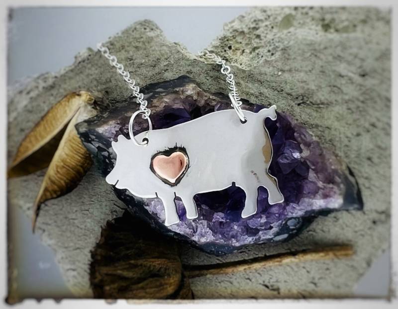 Schwein Mit Kupfer Herz Halskette-Recyceltes Sterling Silber-Vegan Halskette-Veganer Schmuck-Vegan Geschenk-Geburtstag-Jubiläum-Vegan-Jubiläum von crobinsondesign
