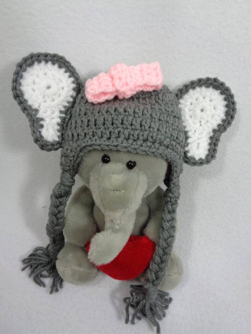 Graue Elefant-Mütze Baby Mädchen Mütze Mit Rosa Schleife Gehäkelt von crochetedbycharlene