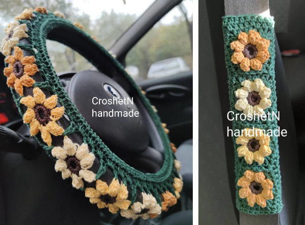 Gehäkelte Sonnenblume Auto Dekor Lenkrad Abdeckung & Sicherheitsgurt Bezüge Gehäkelte Sonnenblume Auto Dekor Lenkrad Abdeckung & Sicherheitsgurt Bezüge von croshetN