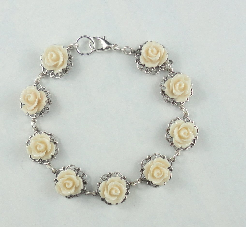 Blush Rose Armband Silber Filligran, Shabby Chic Brautschmuck von crushjewels